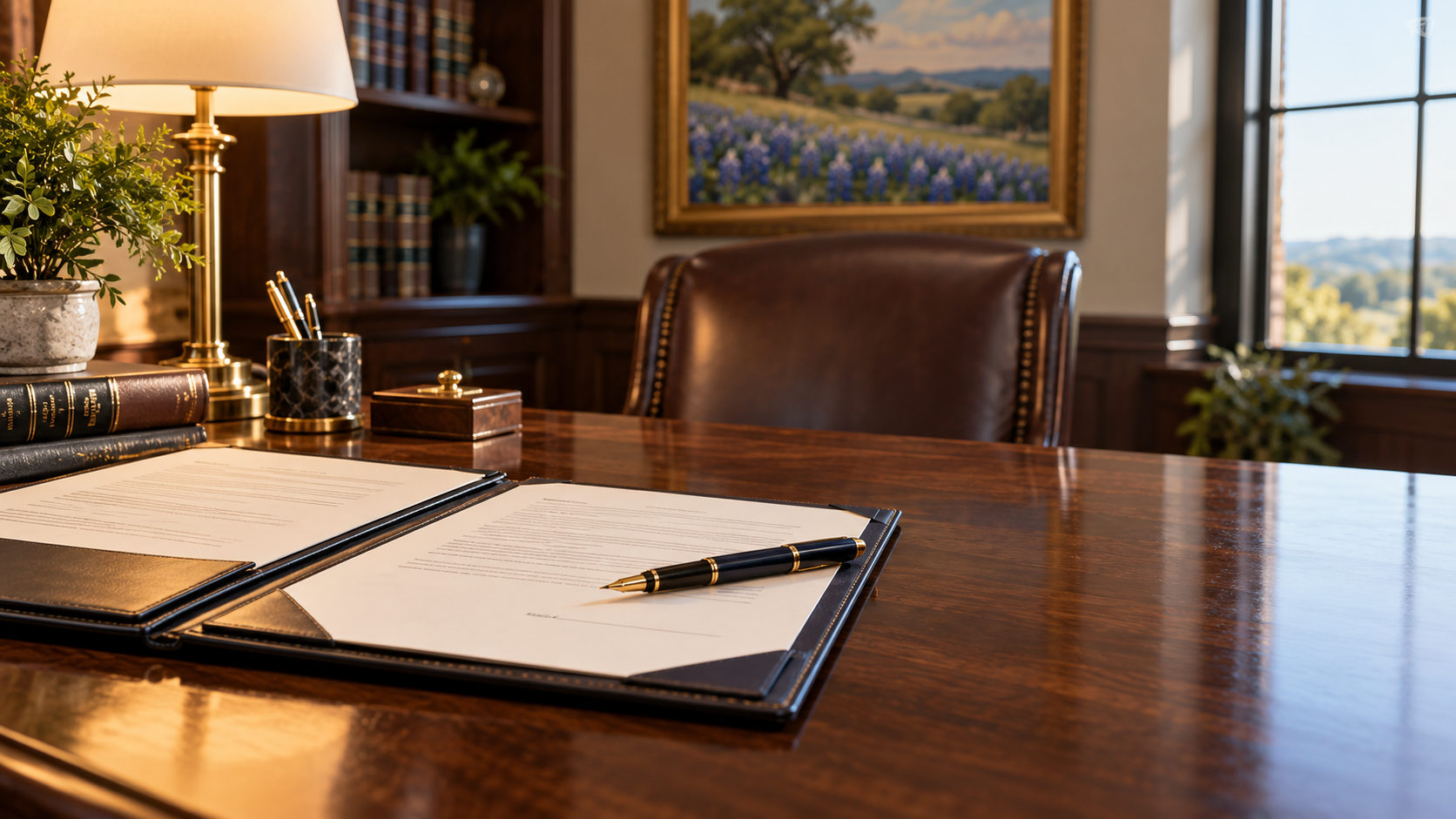 Open folder of legal documents with a pen beside an unsigned line on a law office desk, an empty chair across from it.
